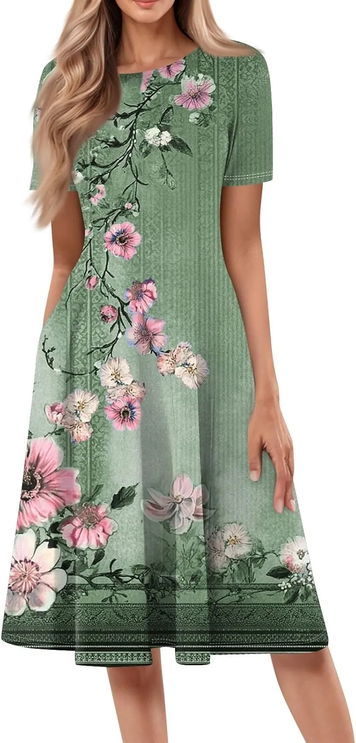 Summer Dresses for Women 2025 Empire Waist A Line Dress Side Pockets Crewneck Short Sleeve Midi Sun Dress Vacation