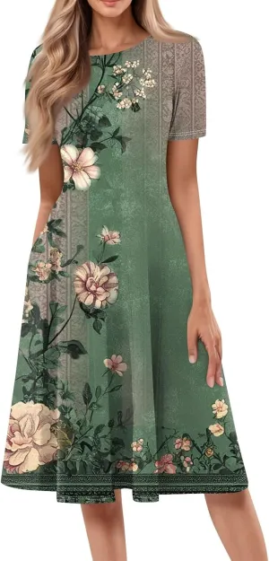 Summer Dresses for Women 2025 Empire Waist A Line Dress Side Pockets Crewneck Short Sleeve Midi Sun Dress Vacation