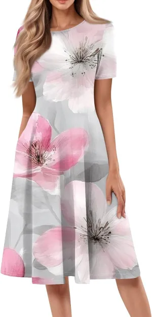 Summer Dresses for Women 2025 Empire Waist Crewneck Short Sleeve Midi Sun Dress Vacation A Line Dress Side Pockets