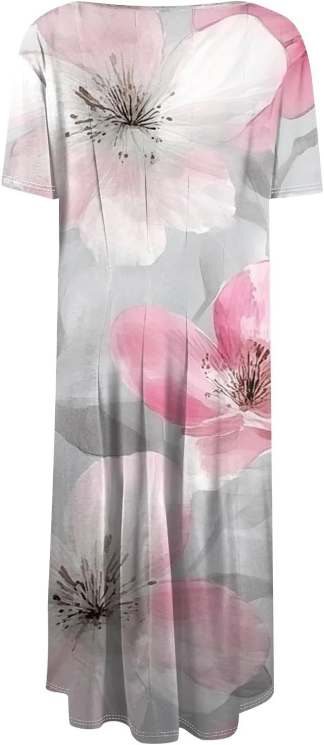 Summer Dresses for Women 2025 Empire Waist Crewneck Short Sleeve Midi Sun Dress Vacation A Line Dress Side Pockets