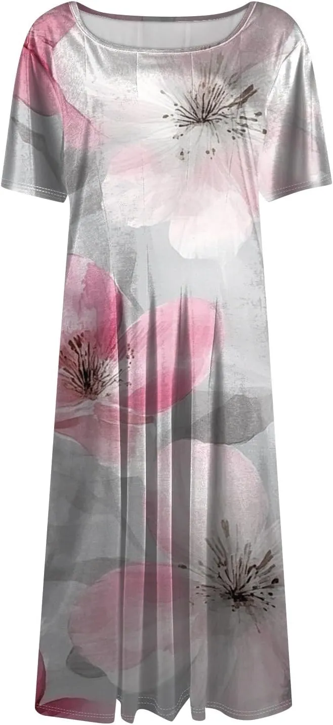 Summer Dresses for Women 2025 Empire Waist Crewneck Short Sleeve Midi Sun Dress Vacation A Line Dress Side Pockets