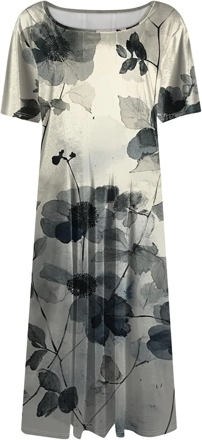 Summer Dresses for Women 2025 Midi Sun Dress Vacation Crewneck Short Sleeve Empire Waist A Line Dress Side Pockets