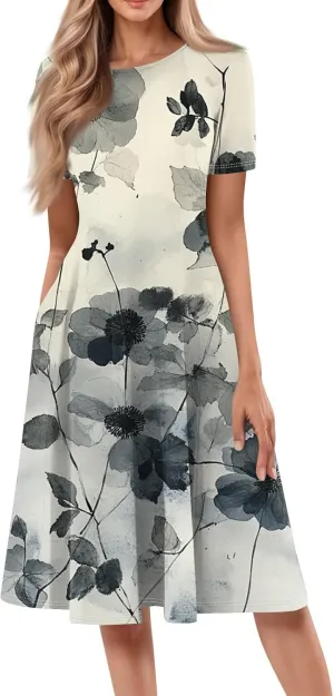 Summer Dresses for Women 2025 Midi Sun Dress Vacation Crewneck Short Sleeve Empire Waist A Line Dress Side Pockets