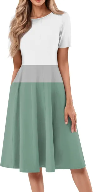 Summer Dresses for Women 2025 Midi Sun Dress Vacation Crewneck Short Sleeve Empire Waist A Line Dress Side Pockets