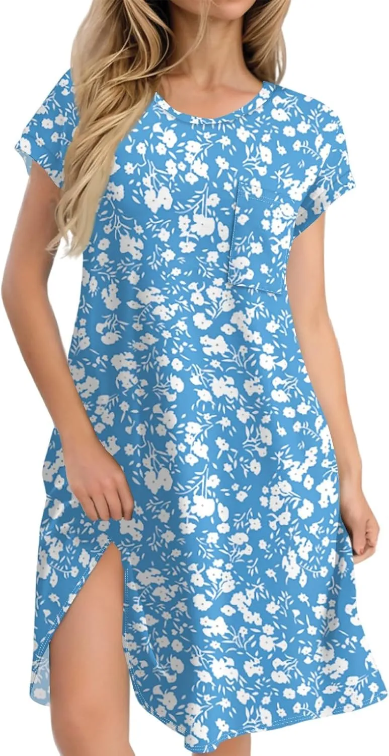 Summer Dresses for Women 2025 Printed T Shirt Dress Casual Short Sleeve Crewneck Loose Fit Mini Dresses with Pockets