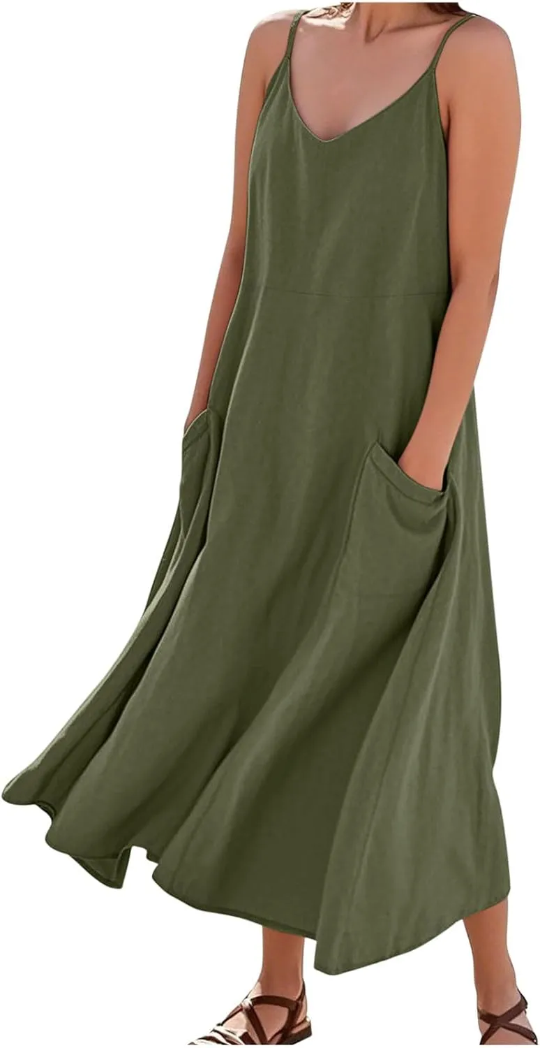 Summer Dresses for Women 2025 Spring Plus Size Linen Maxi Dress Sleeveless Crewneck Sundress Outfits Clothes