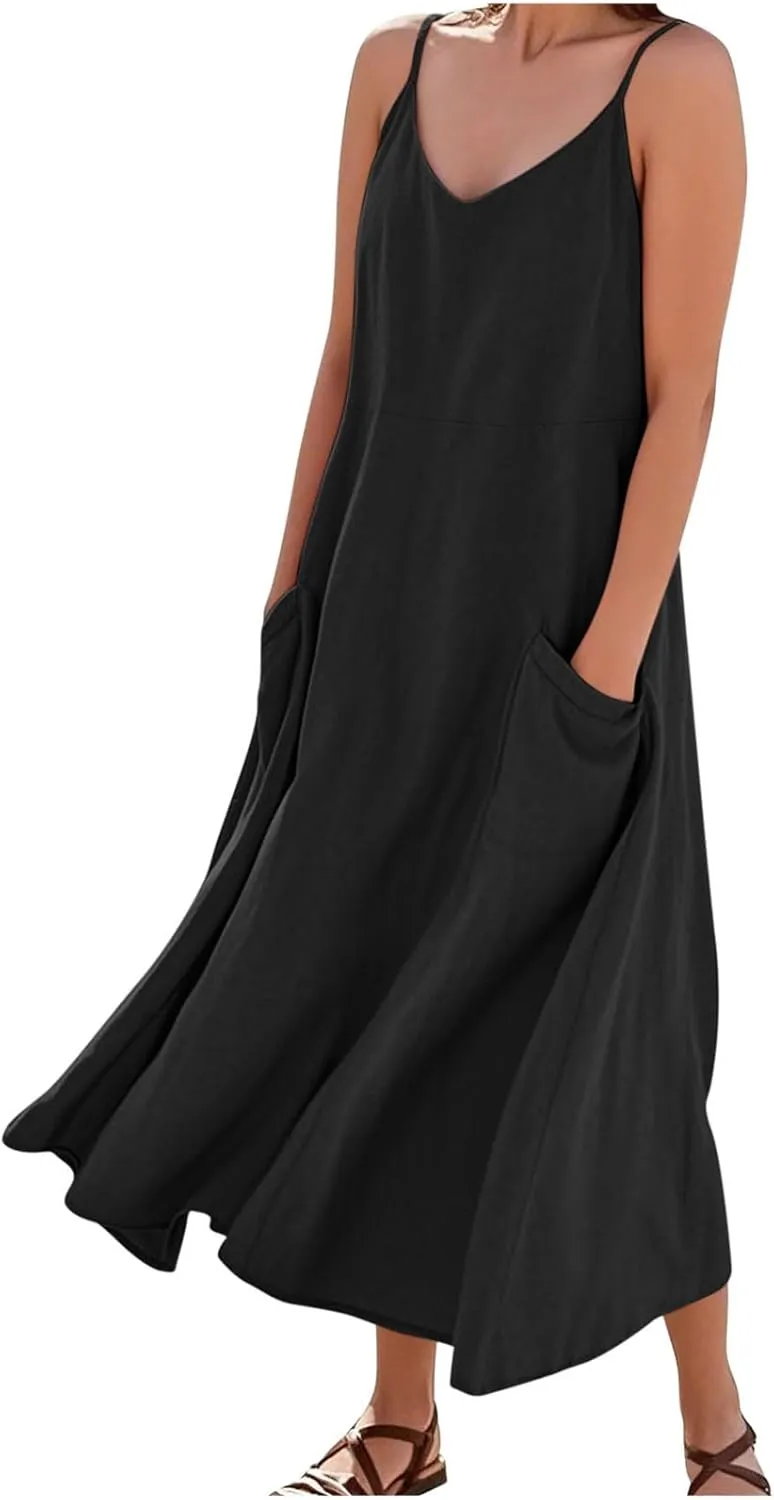 Summer Dresses for Women 2025 Spring Plus Size Linen Maxi Dress Sleeveless Crewneck Sundress Outfits Clothes