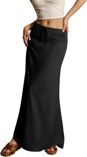 Summer Dresses for Women Drawstring Waist Boho Slim Low Rise Cotton Linen A Line Cute Beach Vacation Long Maxi Skirt