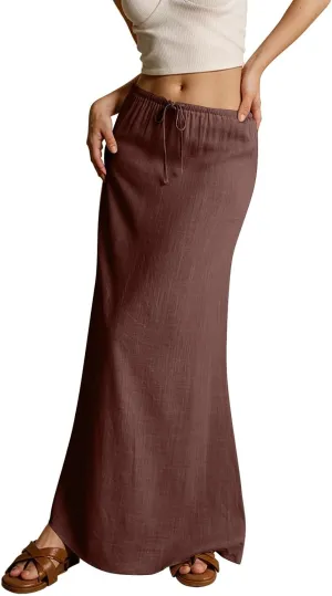Summer Dresses for Women Drawstring Waist Boho Slim Low Rise Cotton Linen A Line Cute Beach Vacation Long Maxi Skirt
