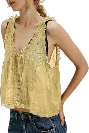 Summer Lace Camisole Tank Top for Women Cute Boho Tie Front Beach Y2K Sleeveless Shirt Crop Button Going Out Cami Tee