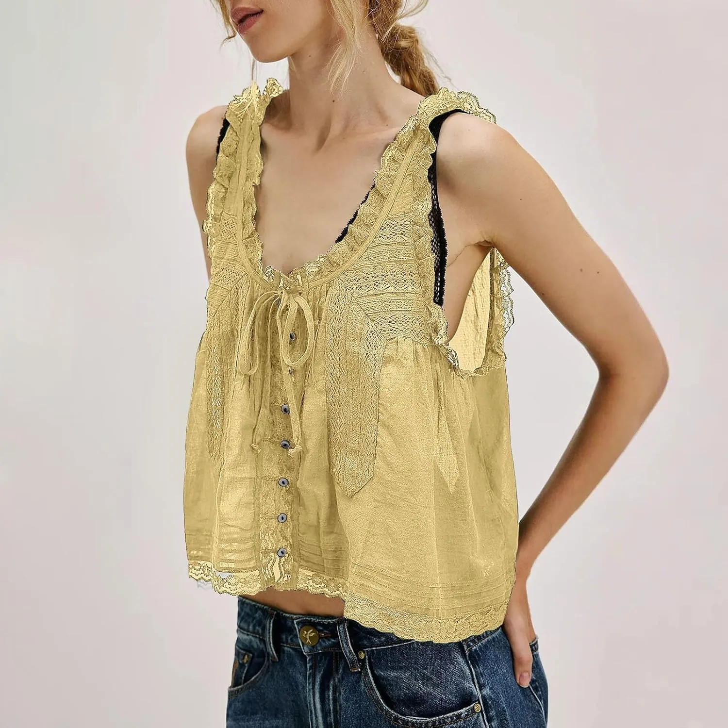 Summer Lace Camisole Tank Top for Women Cute Boho Tie Front Beach Y2K Sleeveless Shirt Crop Button Going Out Cami Tee