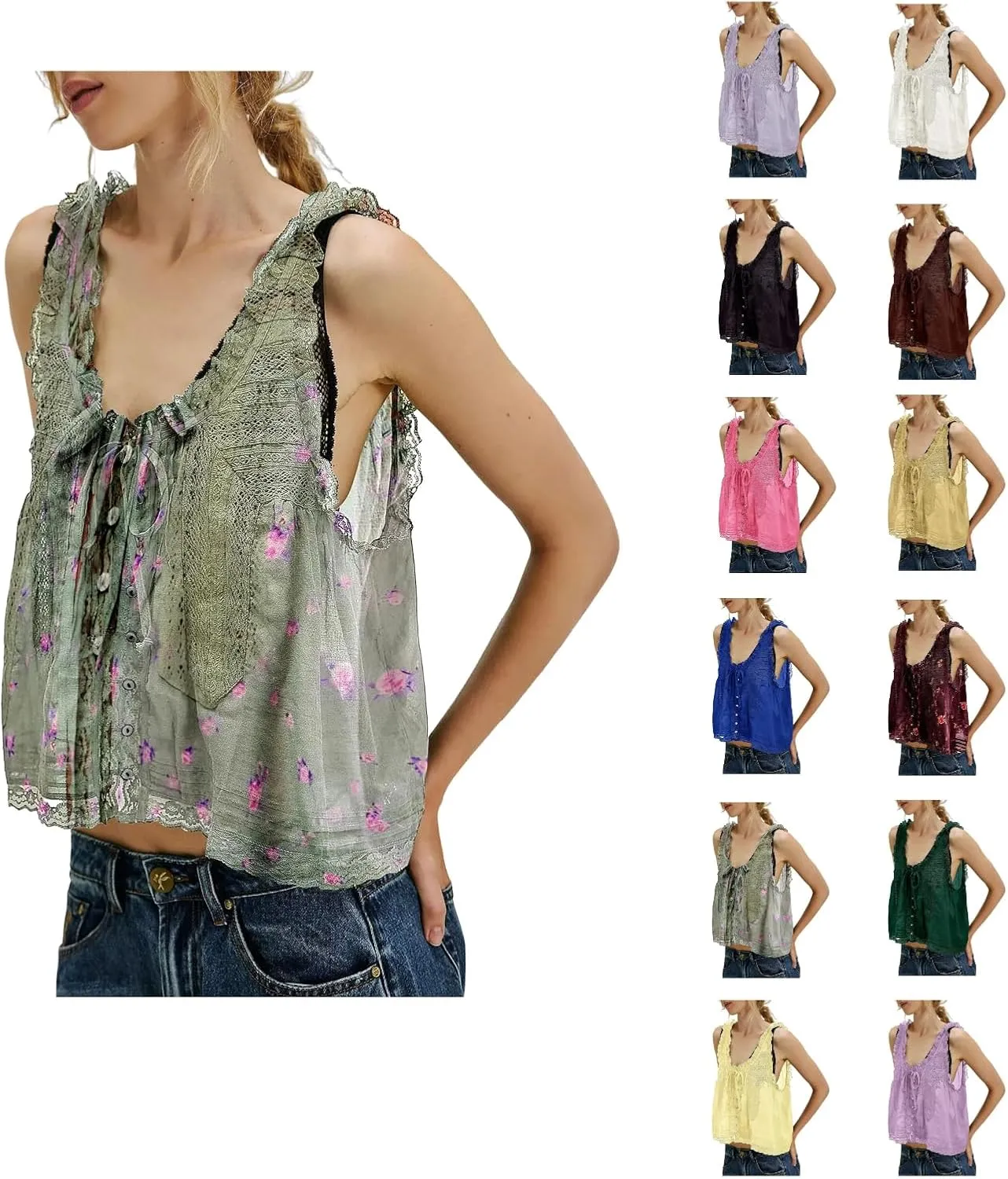 Summer Lace Camisole Tank Top for Women Cute Boho Tie Front Beach Y2K Sleeveless Shirt Crop Button Going Out Cami Tee