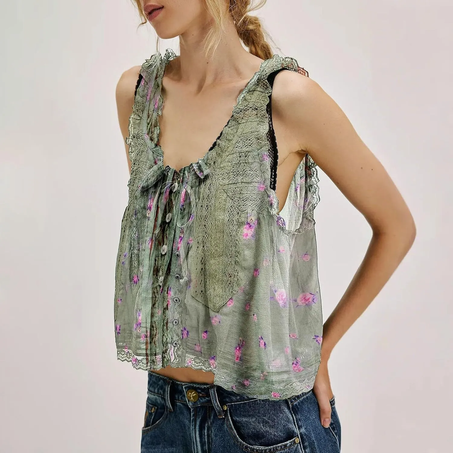 Summer Lace Camisole Tank Top for Women Cute Boho Tie Front Beach Y2K Sleeveless Shirt Crop Button Going Out Cami Tee
