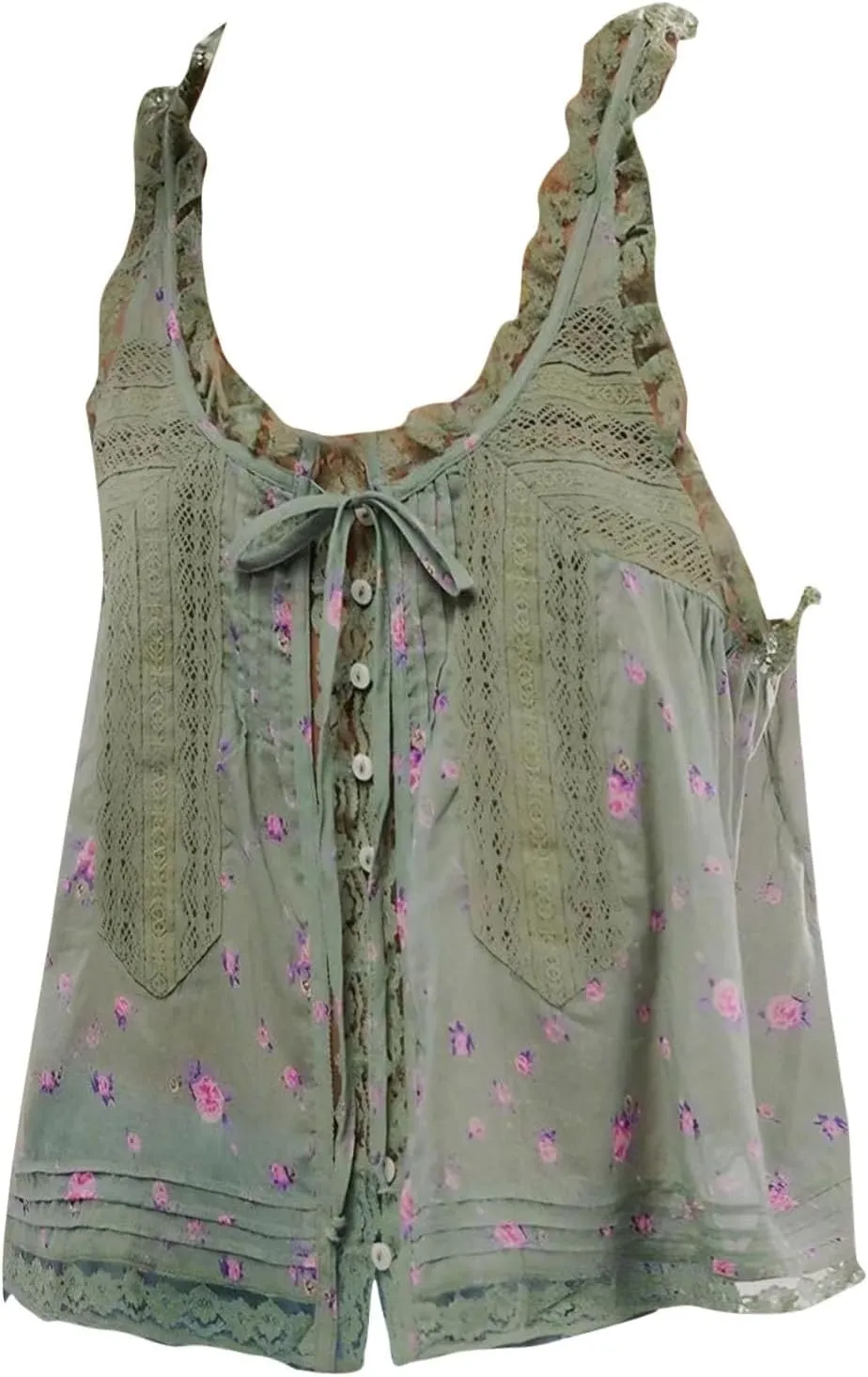 Summer Lace Camisole Tank Top for Women Cute Boho Tie Front Beach Y2K Sleeveless Shirt Crop Button Going Out Cami Tee