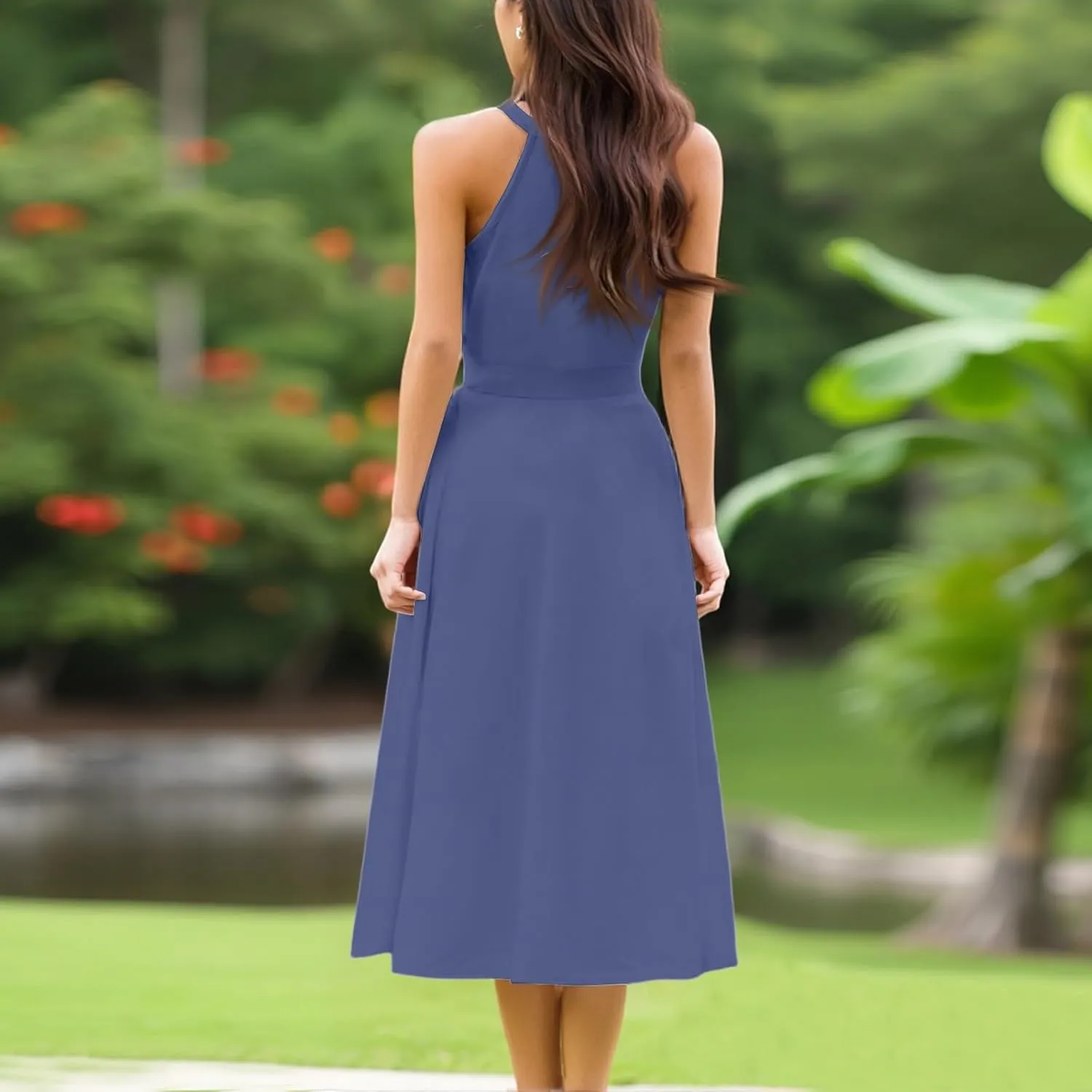 Summer Midi Halter Floral Dresses for Women 2025 Vacation Sleeveless Flowy A Line Sundress Tie Empire Waist Frocks