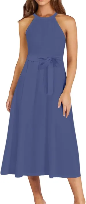 Summer Midi Halter Floral Dresses for Women 2025 Vacation Sleeveless Flowy A Line Sundress Tie Empire Waist Frocks