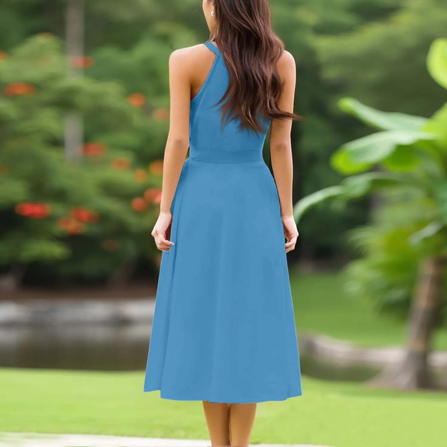 Summer Midi Halter Floral Dresses for Women 2025 Vacation Sleeveless Flowy A Line Sundress Tie Empire Waist Frocks