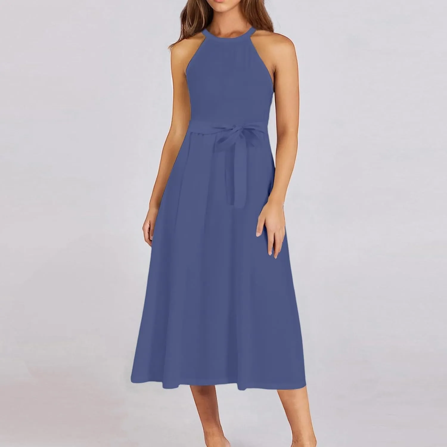 Summer Midi Halter Floral Dresses for Women 2025 Vacation Sleeveless Flowy A Line Sundress Tie Empire Waist Frocks
