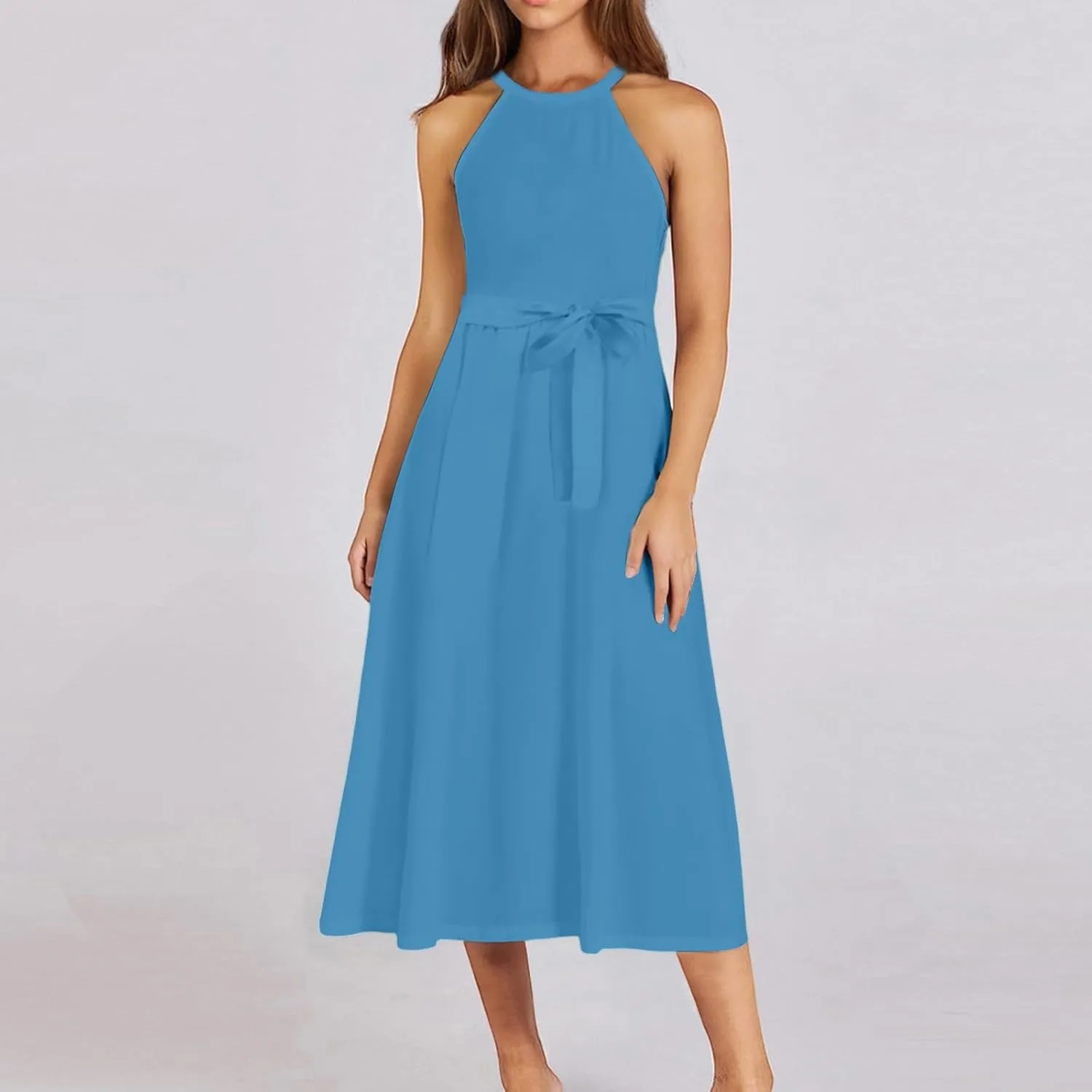 Summer Midi Halter Floral Dresses for Women 2025 Vacation Sleeveless Flowy A Line Sundress Tie Empire Waist Frocks