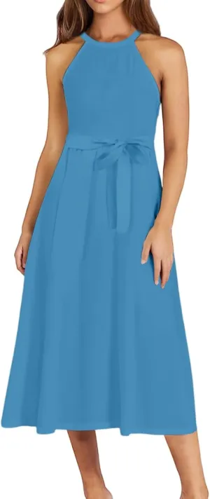 Summer Midi Halter Floral Dresses for Women 2025 Vacation Sleeveless Flowy A Line Sundress Tie Empire Waist Frocks