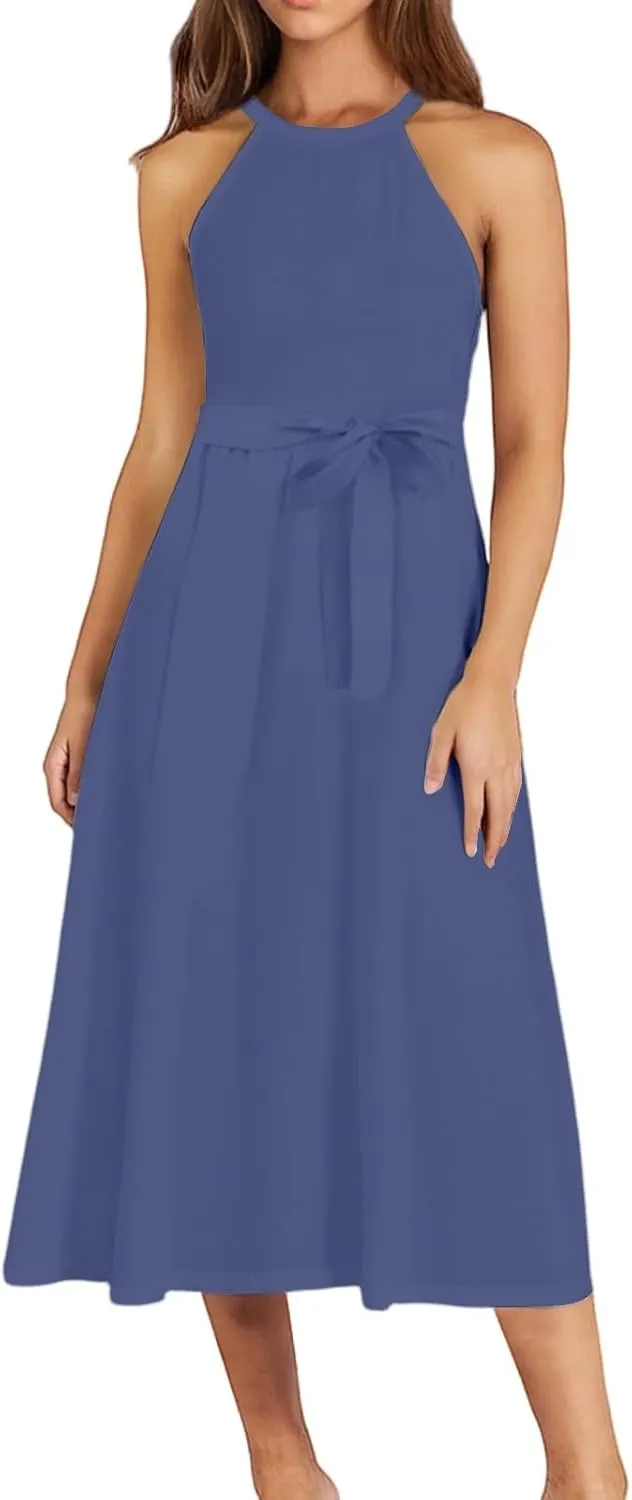 Summer Midi Halter Floral Dresses for Women 2025 Vacation Sleeveless Flowy A Line Sundress Tie Empire Waist Frocks