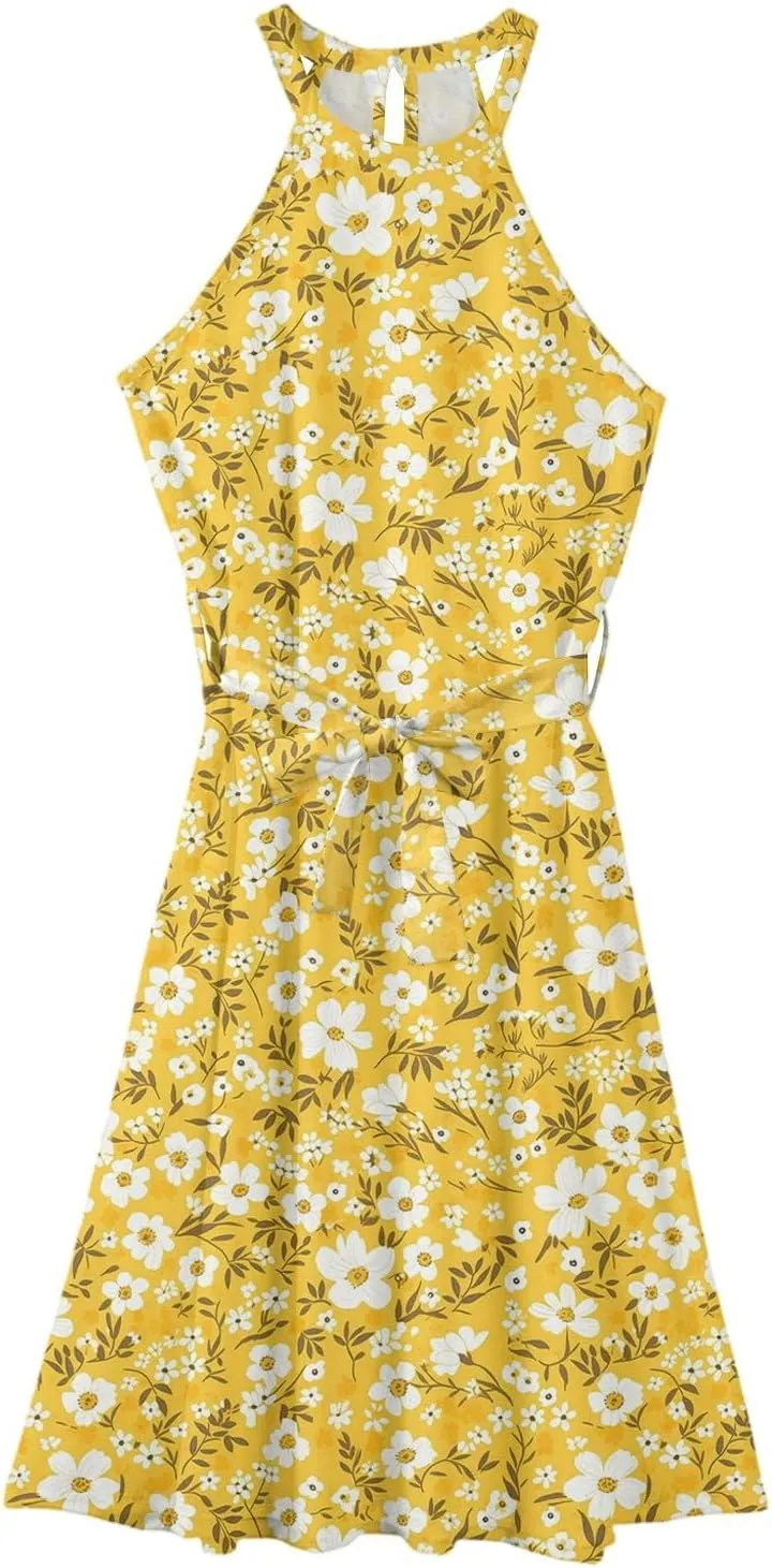 Summer Midi Halter Floral Dresses for Women 2025 Vacation Sleeveless Tie Empire Waist Flowy A Line Sundress Frocks
