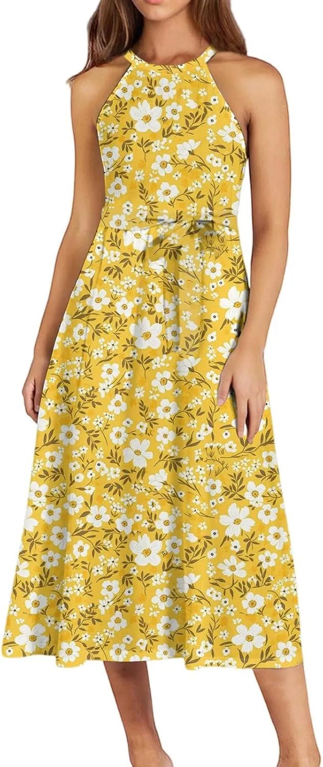 Summer Midi Halter Floral Dresses for Women 2025 Vacation Sleeveless Tie Empire Waist Flowy A Line Sundress Frocks