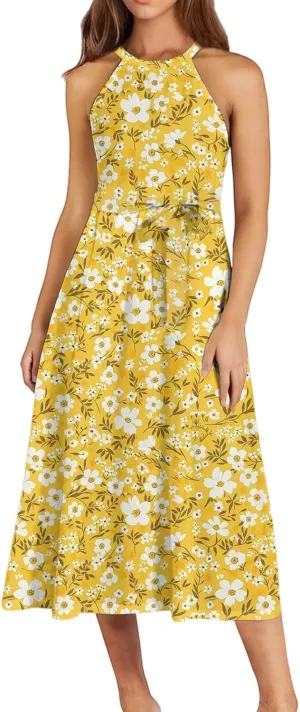 Summer Midi Halter Floral Dresses for Women 2025 Vacation Sleeveless Tie Empire Waist Flowy A Line Sundress Frocks