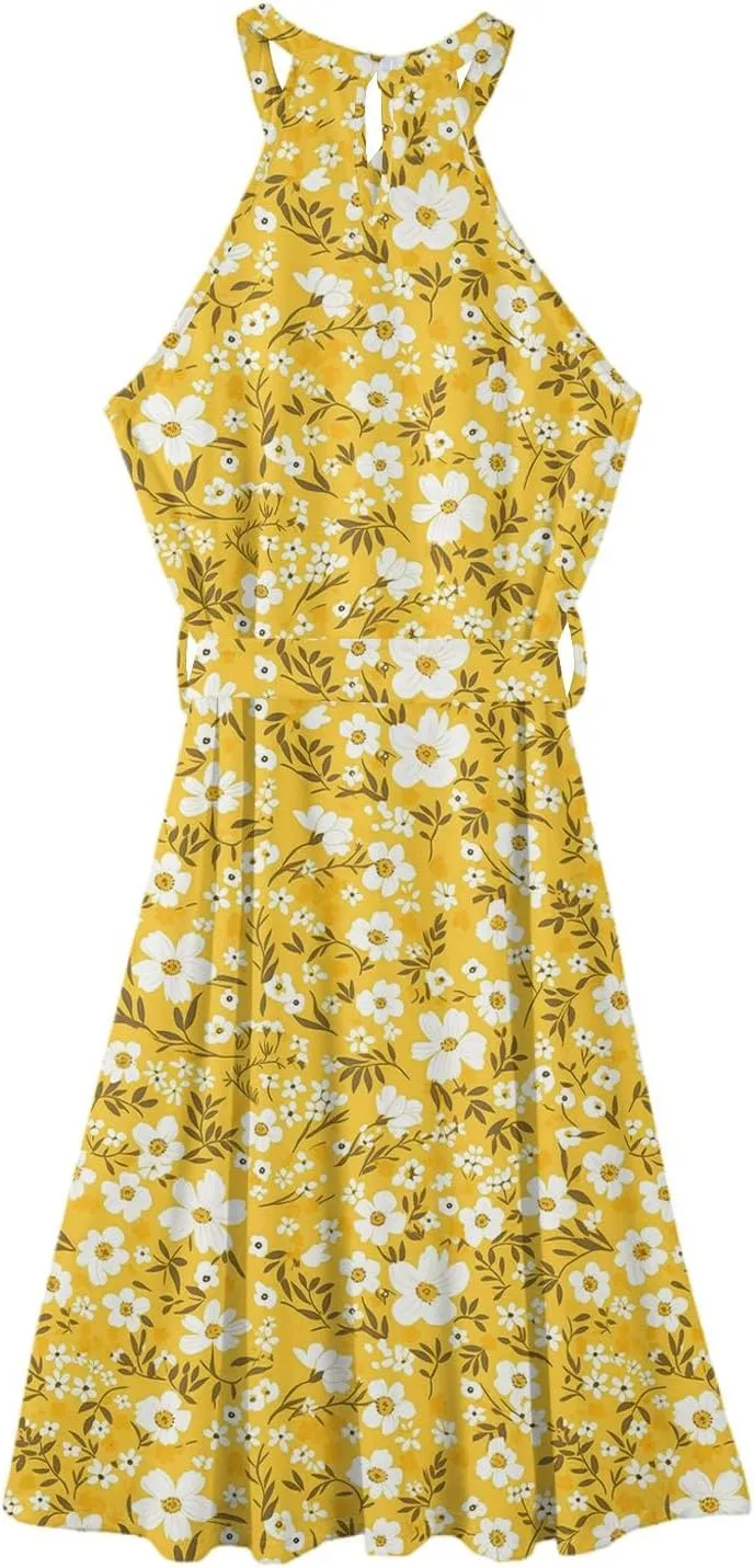 Summer Midi Halter Floral Dresses for Women 2025 Vacation Sleeveless Tie Empire Waist Flowy A Line Sundress Frocks