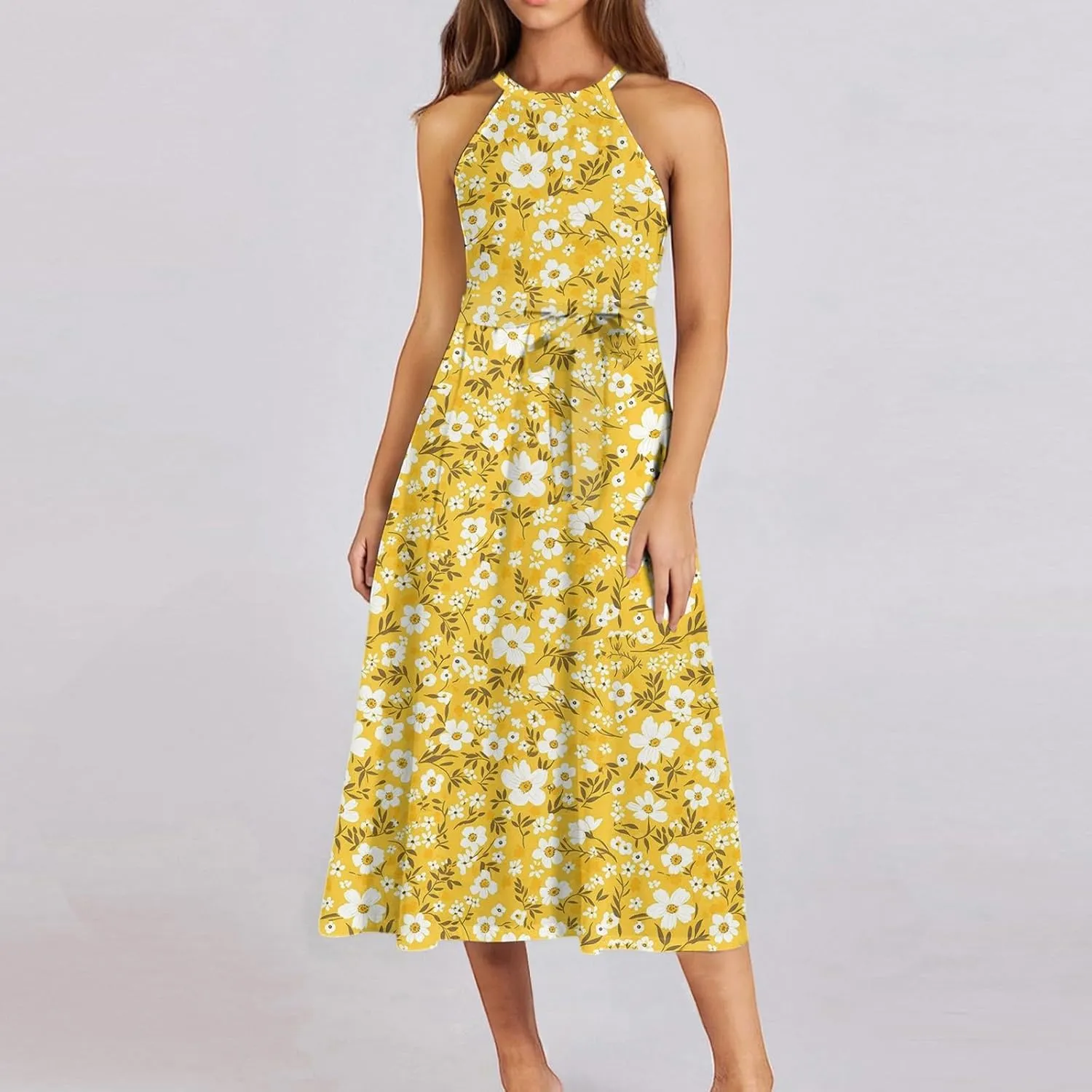 Summer Midi Halter Floral Dresses for Women 2025 Vacation Sleeveless Tie Empire Waist Flowy A Line Sundress Frocks