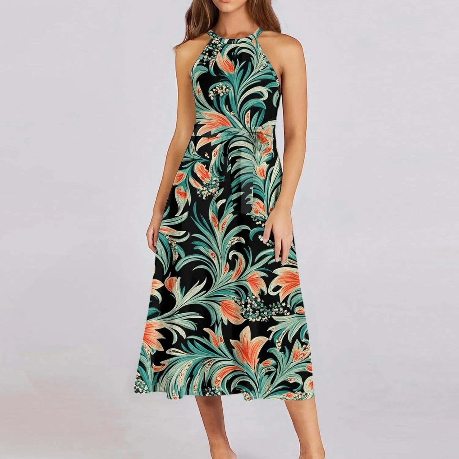 Summer Midi Halter Floral Dresses for Women 2025 Vacation Tie Empire Waist Sleeveless Frocks Flowy A Line Sundress