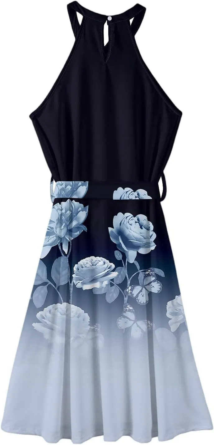 Summer Midi Halter Floral Dresses for Women 2025 Vacation Tie Empire Waist Sleeveless Frocks Flowy A Line Sundress