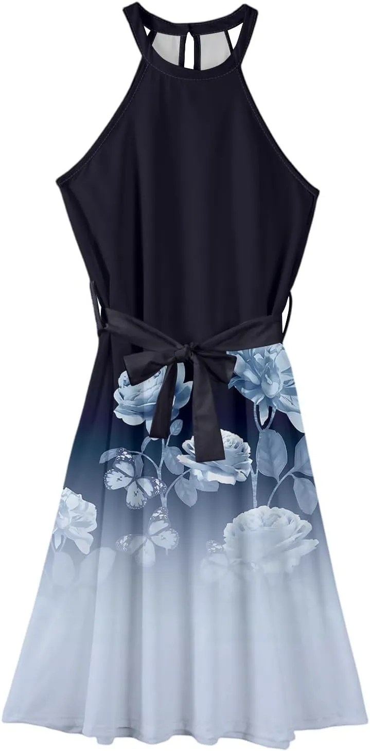 Summer Midi Halter Floral Dresses for Women 2025 Vacation Tie Empire Waist Sleeveless Frocks Flowy A Line Sundress