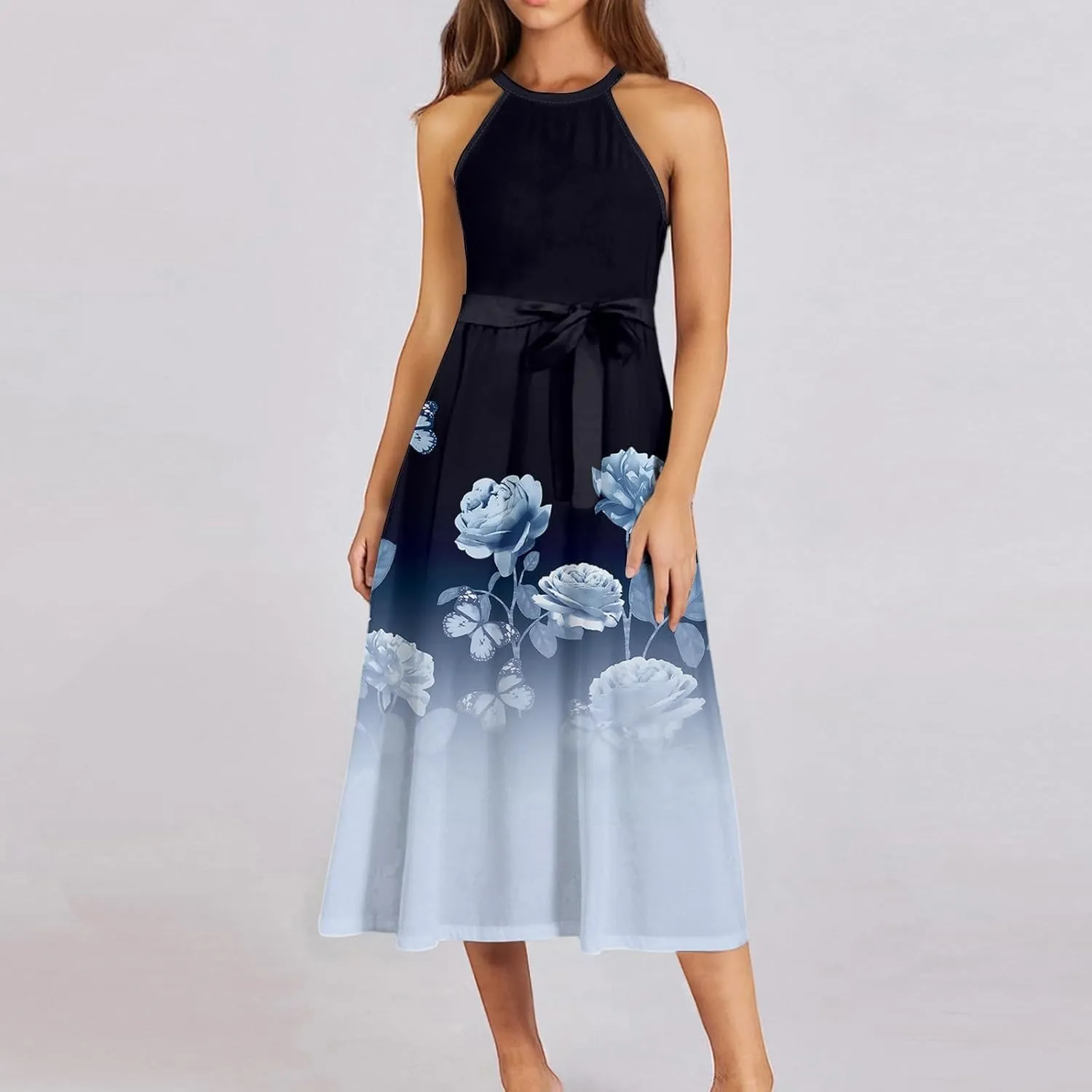 Summer Midi Halter Floral Dresses for Women 2025 Vacation Tie Empire Waist Sleeveless Frocks Flowy A Line Sundress