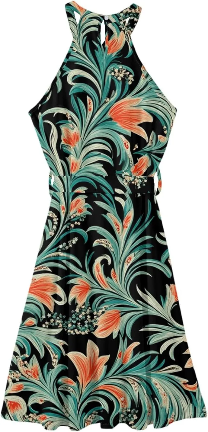 Summer Midi Halter Floral Dresses for Women 2025 Vacation Tie Empire Waist Sleeveless Frocks Flowy A Line Sundress