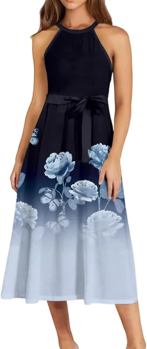 Summer Midi Halter Floral Dresses for Women 2025 Vacation Tie Empire Waist Sleeveless Frocks Flowy A Line Sundress