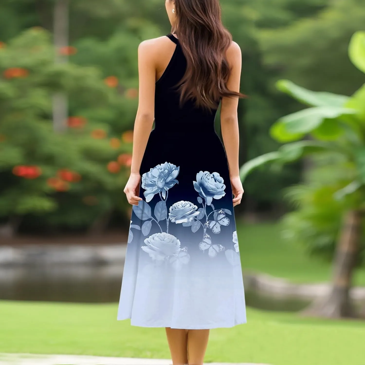 Summer Midi Halter Floral Dresses for Women 2025 Vacation Tie Empire Waist Sleeveless Frocks Flowy A Line Sundress