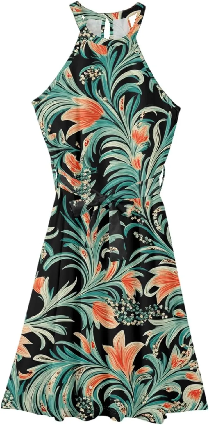 Summer Midi Halter Floral Dresses for Women 2025 Vacation Tie Empire Waist Sleeveless Frocks Flowy A Line Sundress