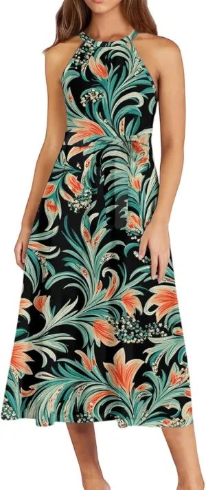 Summer Midi Halter Floral Dresses for Women 2025 Vacation Tie Empire Waist Sleeveless Frocks Flowy A Line Sundress