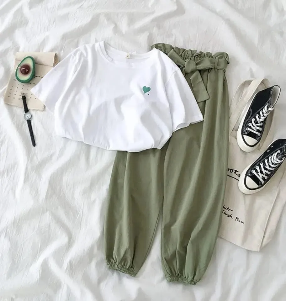 Summer New Famale Tracksuits Fashion CLothes Casual Loose White Top and Pant two piece set Women Students Girl Sweet Sportswear 2XL X532278