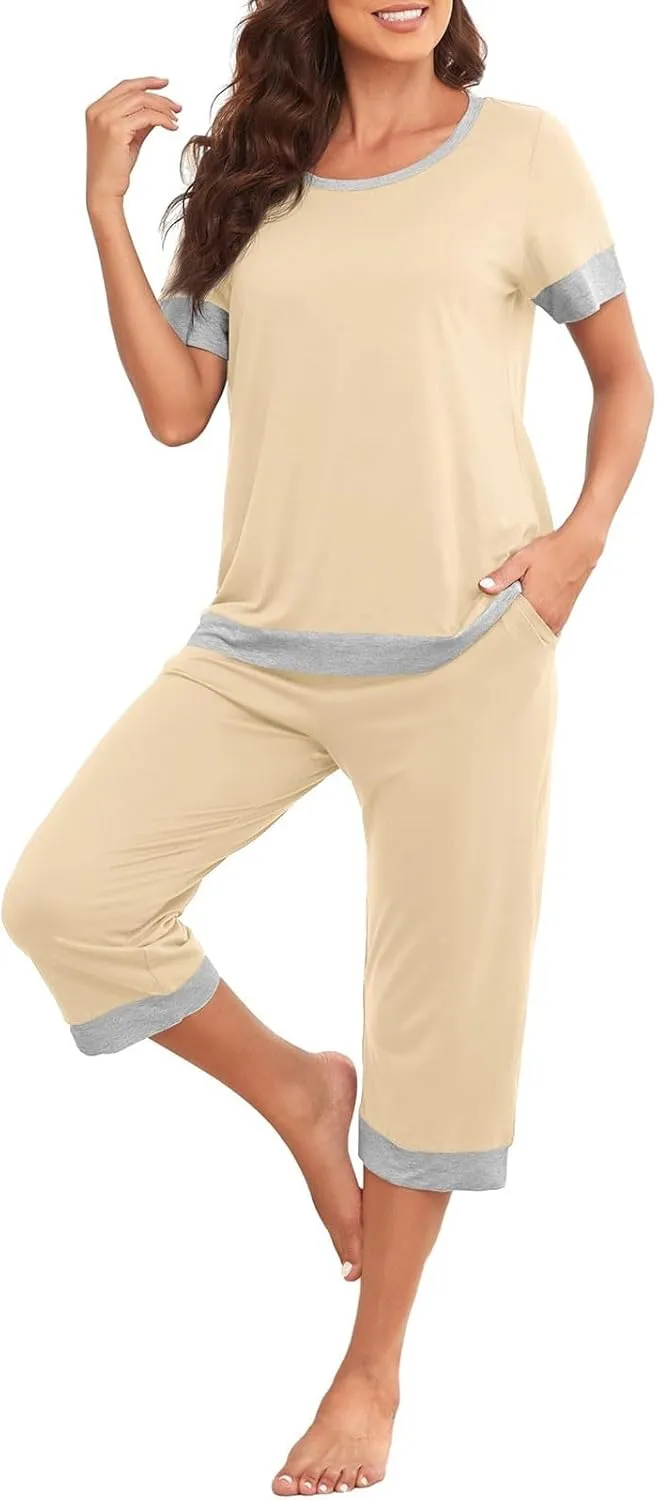 Summer Pajamas Set for Women Soft Capri PJs Lounge Set Short Sleeve Top with Capri Pants Plus Size Sleepwear Set