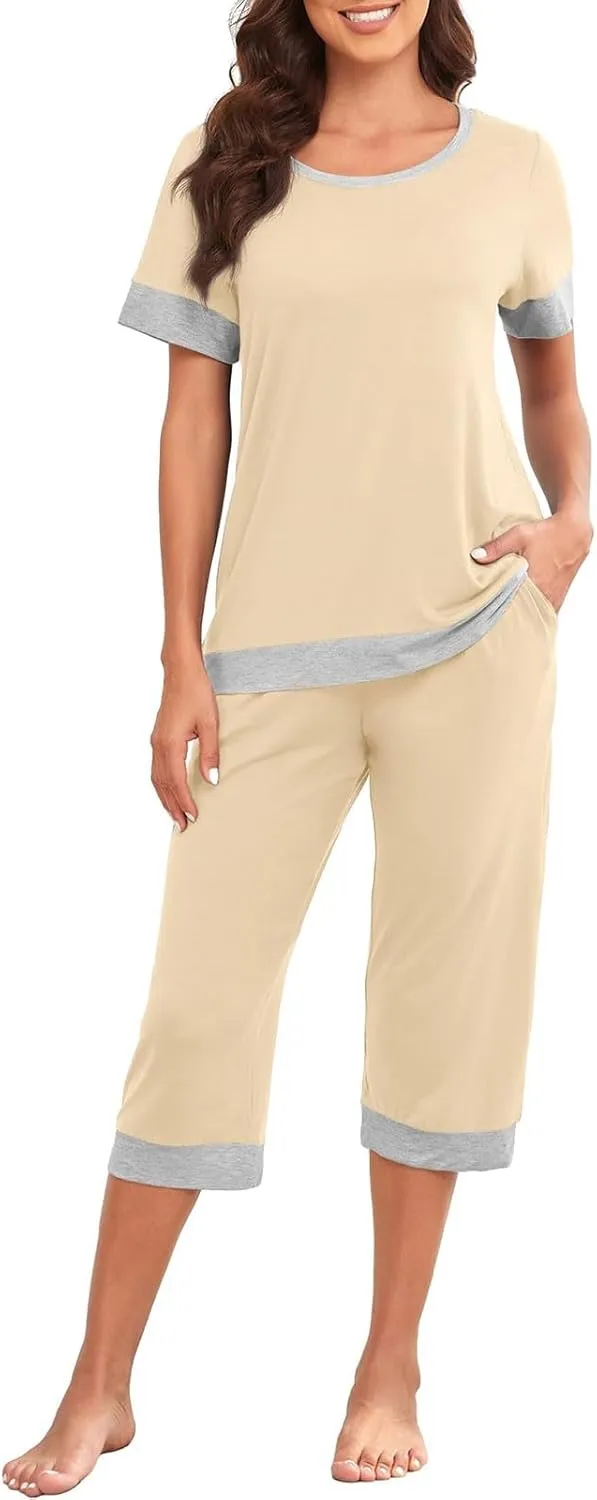Summer Pajamas Set for Women Soft Capri PJs Lounge Set Short Sleeve Top with Capri Pants Plus Size Sleepwear Set
