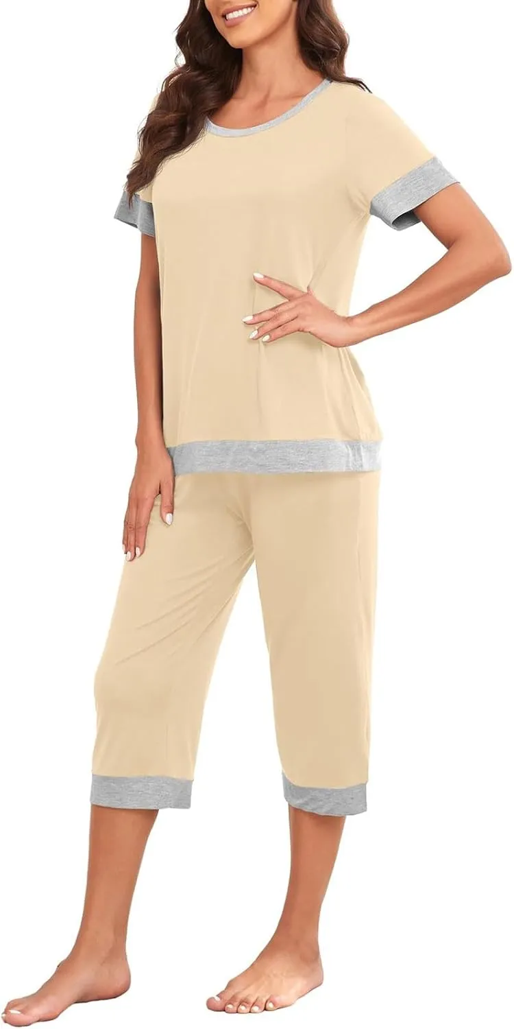 Summer Pajamas Set for Women Soft Capri PJs Lounge Set Short Sleeve Top with Capri Pants Plus Size Sleepwear Set