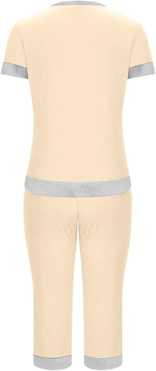 Summer Pajamas Set for Women Soft Capri PJs Lounge Set Short Sleeve Top with Capri Pants Plus Size Sleepwear Set