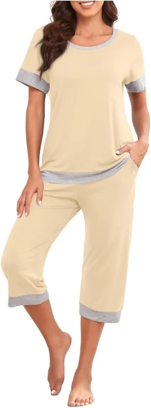 Summer Pajamas Set for Women Soft Capri PJs Lounge Set Short Sleeve Top with Capri Pants Plus Size Sleepwear Set