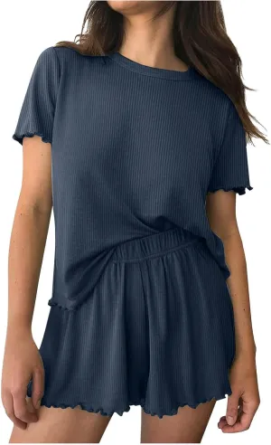 Summer Pajamas Sets for Women Knit Casual Loose Short Sleeve Crewneck Shirt and Shorts 2 Piece Sleepwear Lounge Set