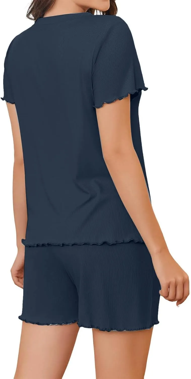 Summer Pajamas Sets for Women Knit Casual Loose Short Sleeve Crewneck Shirt and Shorts 2 Piece Sleepwear Lounge Set
