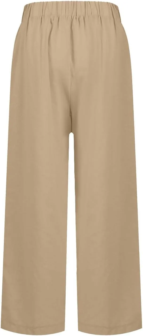Summer Pants for Women 2024 Casual Dressy Linen Beach Drawstring Capri Crop Pants 2024 Elastic Waist Crop Trousers