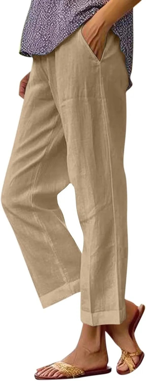 Summer Pants for Women 2024 Casual Dressy Linen Beach Drawstring Capri Crop Pants 2024 Elastic Waist Crop Trousers