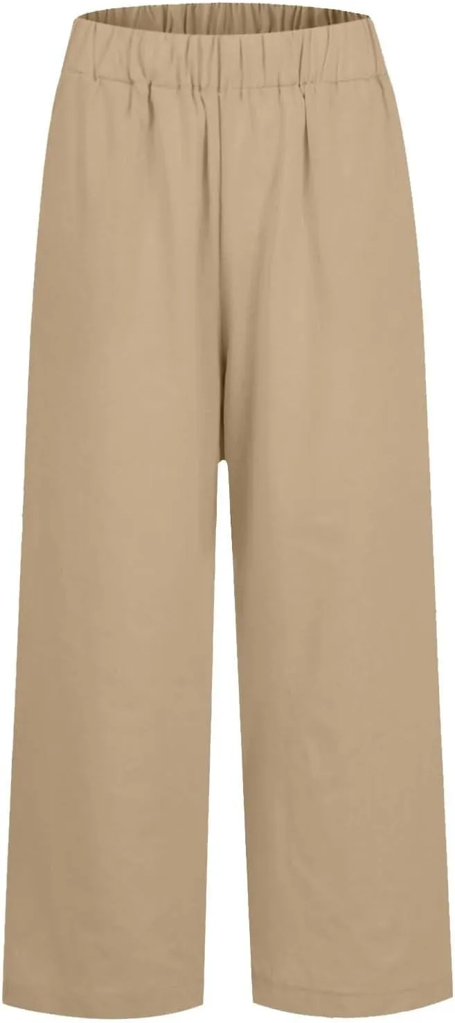 Summer Pants for Women 2024 Casual Dressy Linen Beach Drawstring Capri Crop Pants 2024 Elastic Waist Crop Trousers